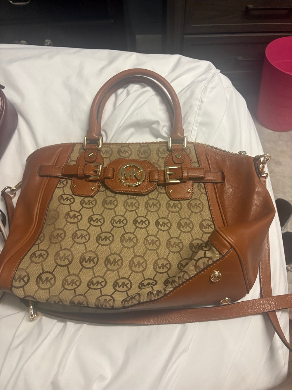 Michael Kors Tan Brown Signature MK Satchel with Gold Hardware